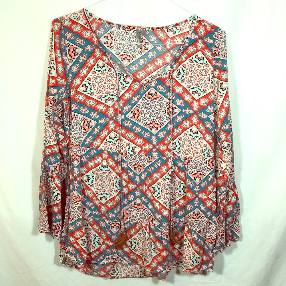 NEW DIRECTION Floral Blouse w/ long bell sleeves S